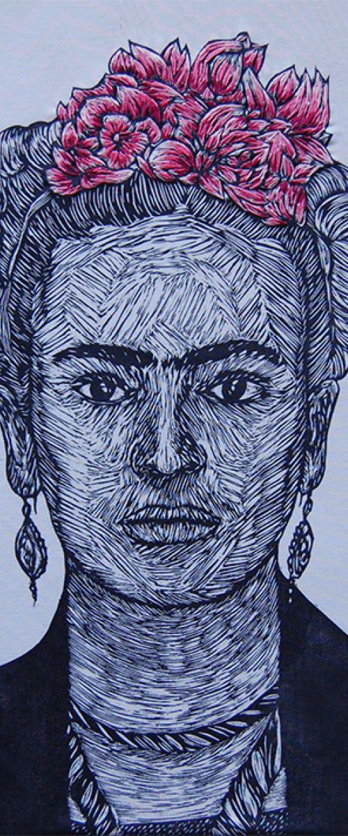 Frida (woodcut & embroidery) by Constanza Macchiavello