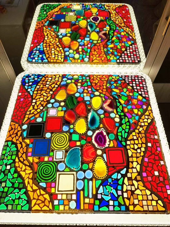 Colorful Dreams - Stained glass window backlight wall sculpture with Precious stones. Decorative colorful mosaic painting, glass art Lamp