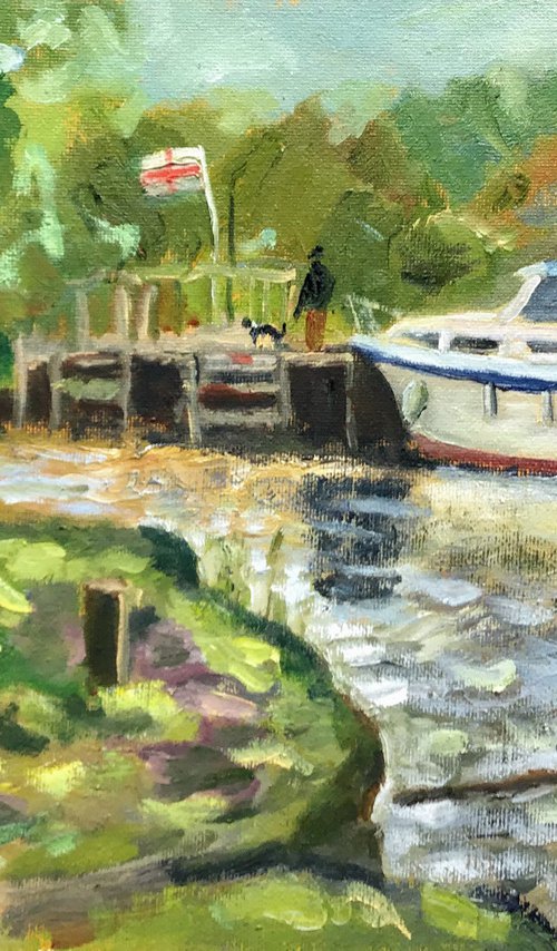 Boat on the river Stour - an original oil painting by Julian Lovegrove Art