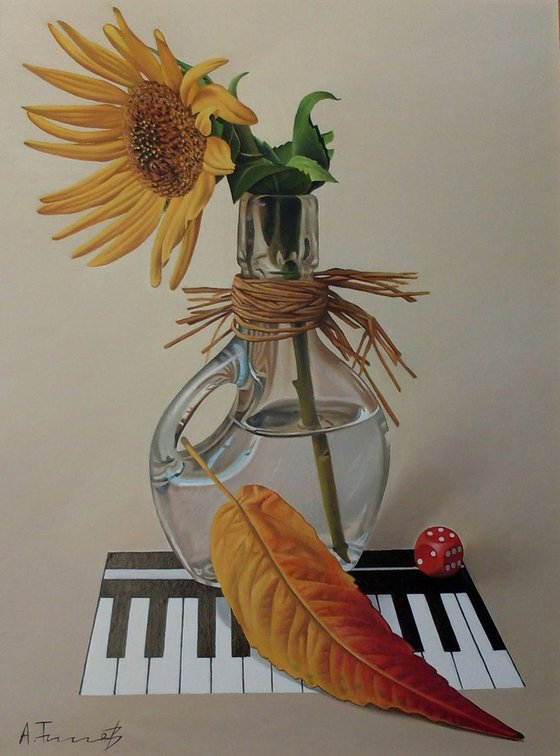 Still life with sunflower, piano and dice