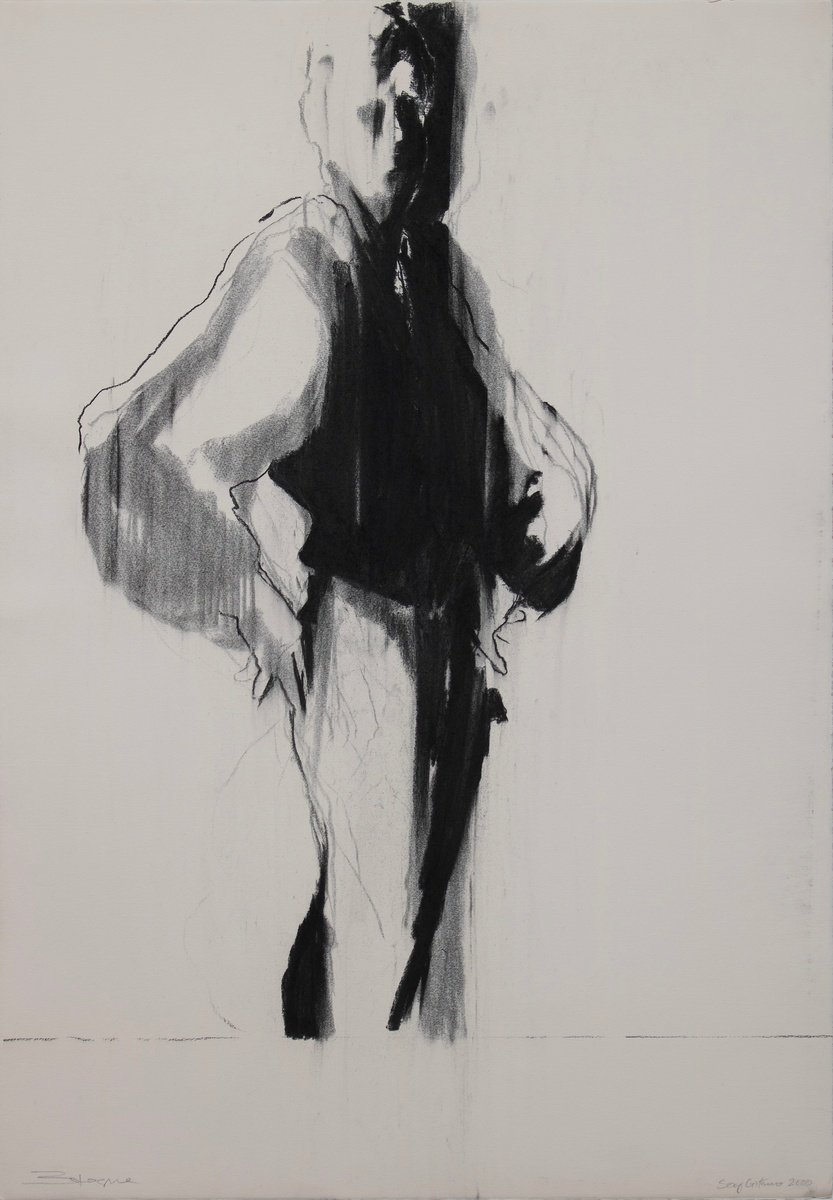 Expressive Portrait Charcoal Drawing By Zil Hoque, 25 X 36", Soy Gitano (Study), Original Artwork