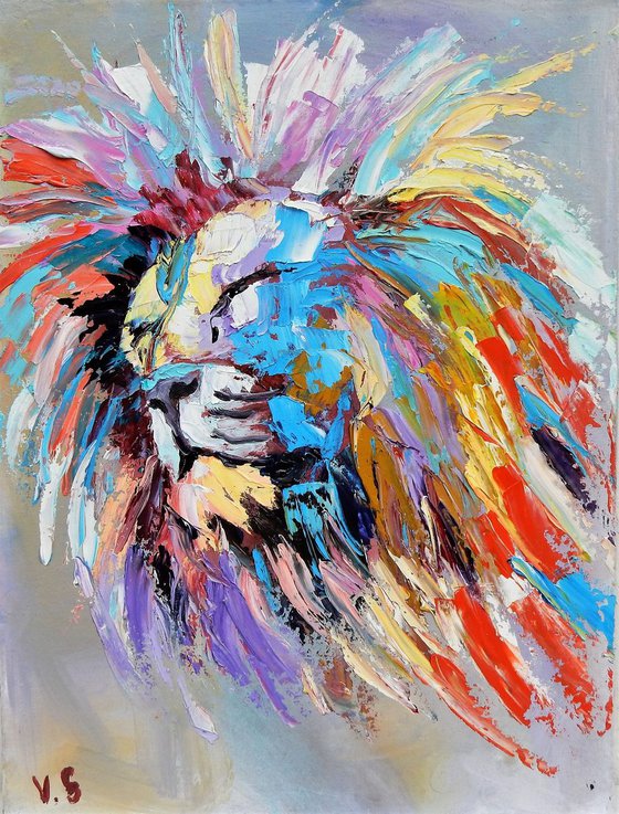 Colorful lion. Palette knife. 30x40cm