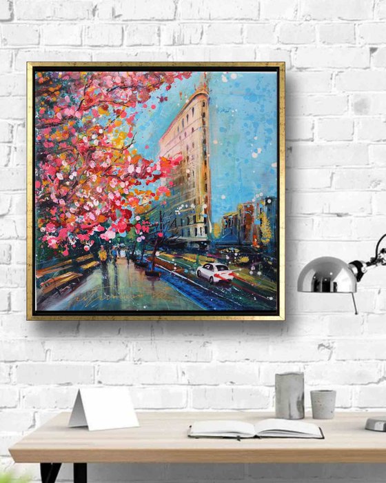 NYC Street Scene, New York Cityscape Original Acrylic Painting, Flatiron Building with a Blossom Spring Tree Wall Art, American Cityscape in Springtime