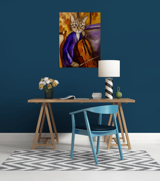 Cat Cellist inspired by Amedeo Modigliani.FELINE ART FOR CAT LOVERS GIFT IDEA