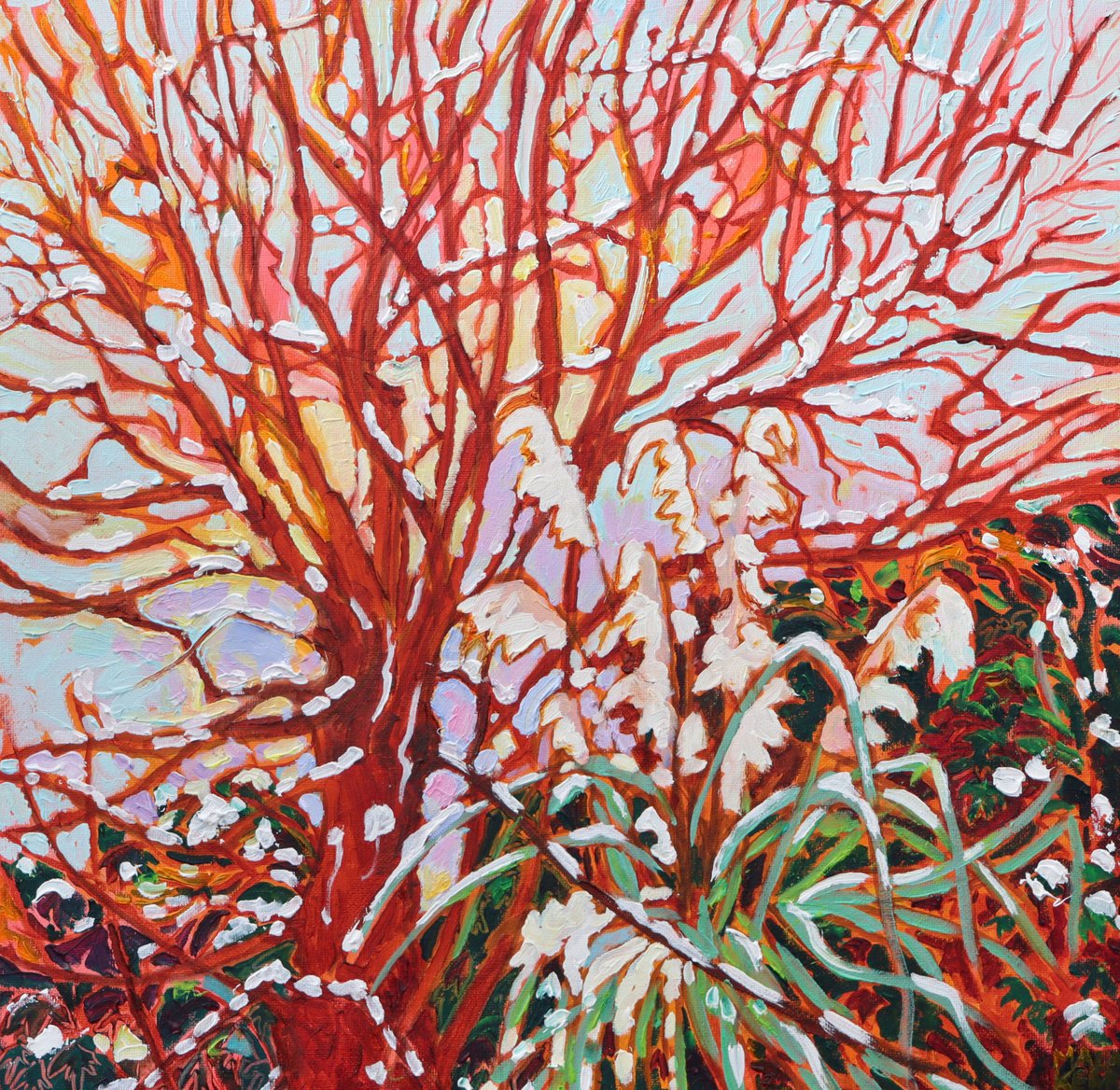 Impressionistic Landscape Oil Painting By Mary Kemp, 12 X 12", Snowy Garden, Original Artwork