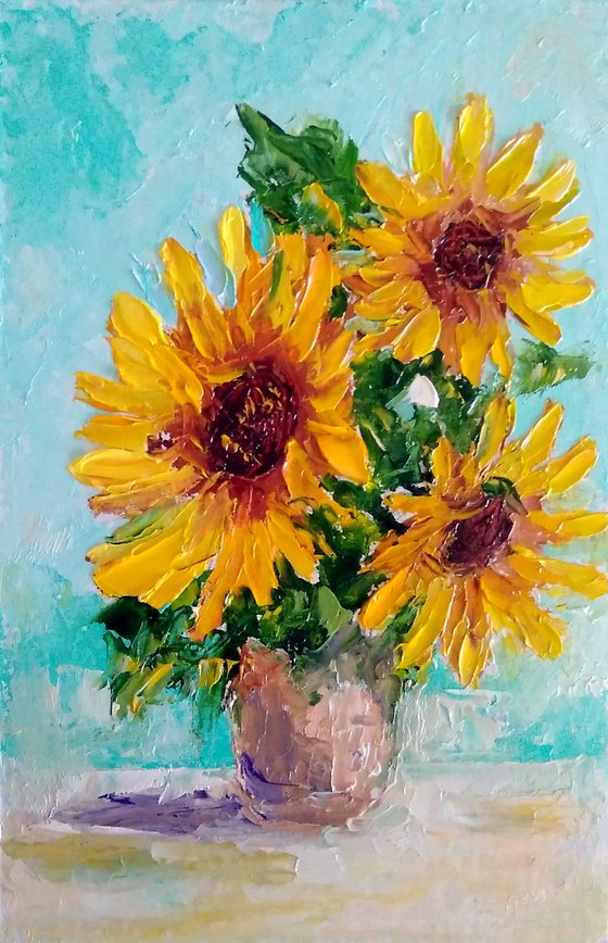 Sunflowers, Floral Painting Original Art Small Oil Artwork Bouquet of Flowers Wall Art