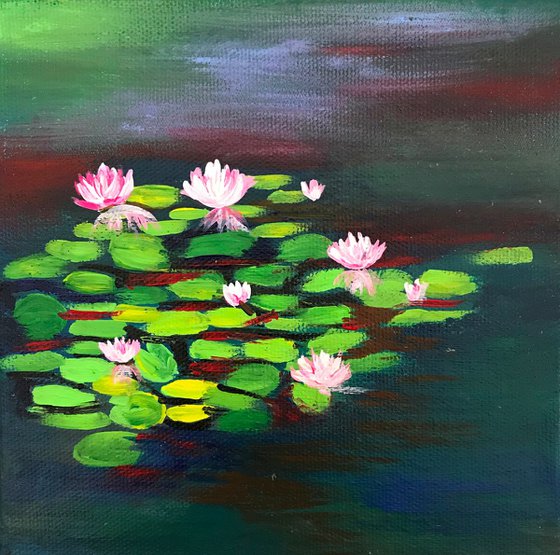 Water Lily Affair - 2 !! Monet inspired !! Small Painting !! Gift Art !!