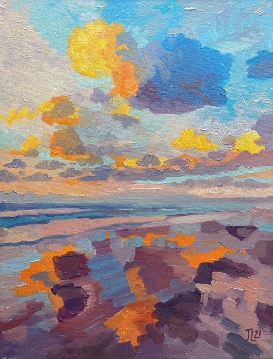 Reflections Oil painting landscape sea sky clouds small Gift Christmas Beach Art