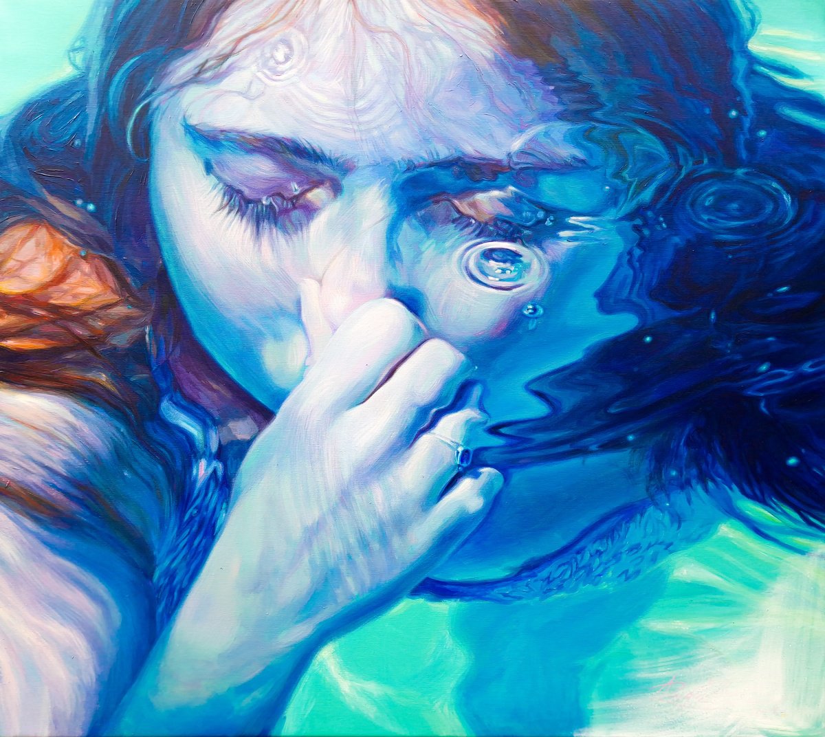 Photorealistic Portrait Acrylic Painting By Lesja Rygorczuk, 35 X 31", Drop Of The Sea, Original Artwork