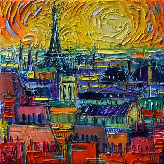 PARIS ROOFTOPS VIEW FROM CENTRE POMPIDOU Textured Oil Painting Stylized Cityscape Mona Edulesco
