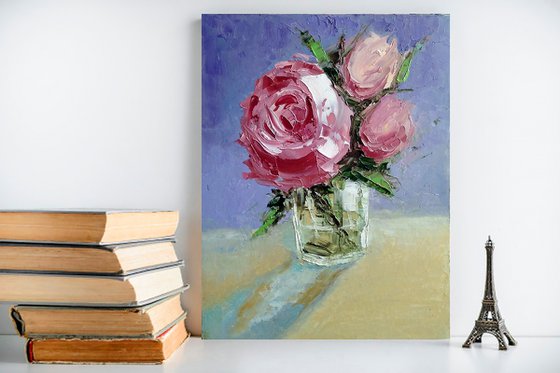 Pink Roses Painting Original Art Floral Bouquet Flower Artwork Small Wall Art