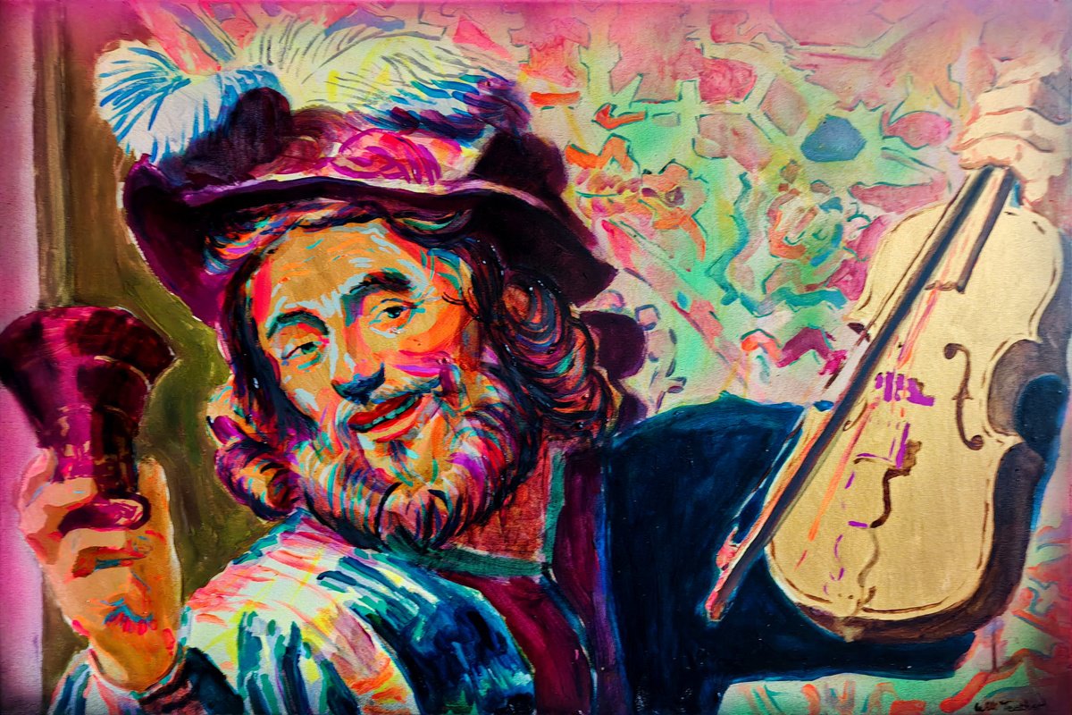 Urban And Pop Portrait Painting By Will Teather, 36 X 24", The Merry Fiddler, Original Artwork