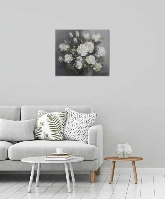 White roses  (60x70cm, oil painting, ready to hang)