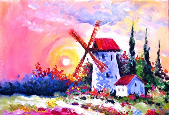 Flowers field with mill
