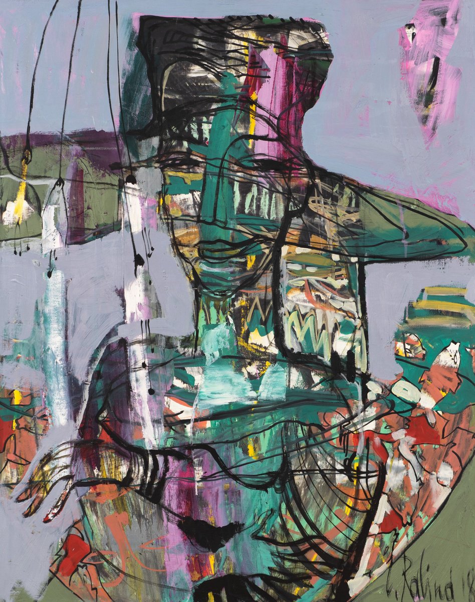 Abstract Oil Painting By Yelena Ralina, 31 X 39", Fish In A Hat, Original Artwork