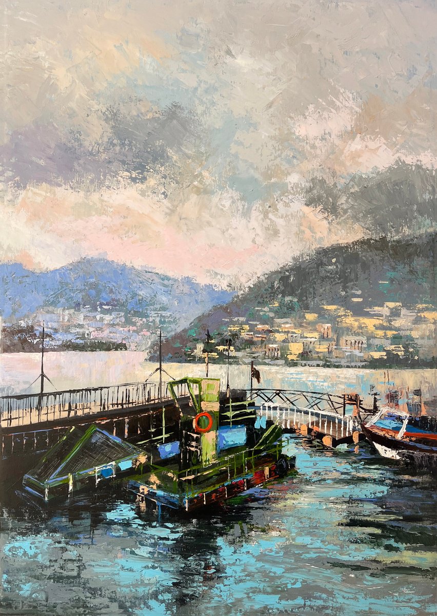 Impressionistic Landscape Acrylic Painting By Maria Kireev, 28 X 39", Lake Como Pier, Original Artwork
