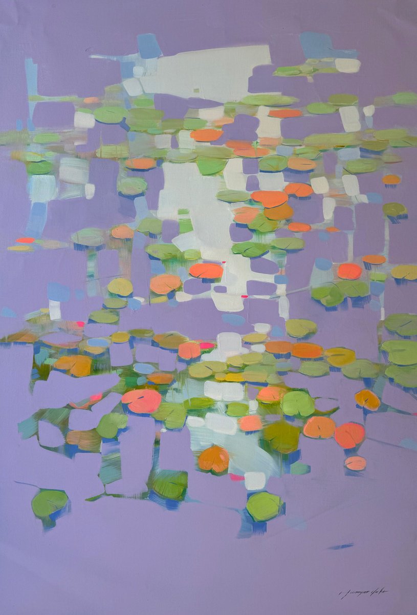 Impressionistic Botanical Oil Painting By Vahe Yeremyan, 30 X 45", Waterlilies, Original Artwork