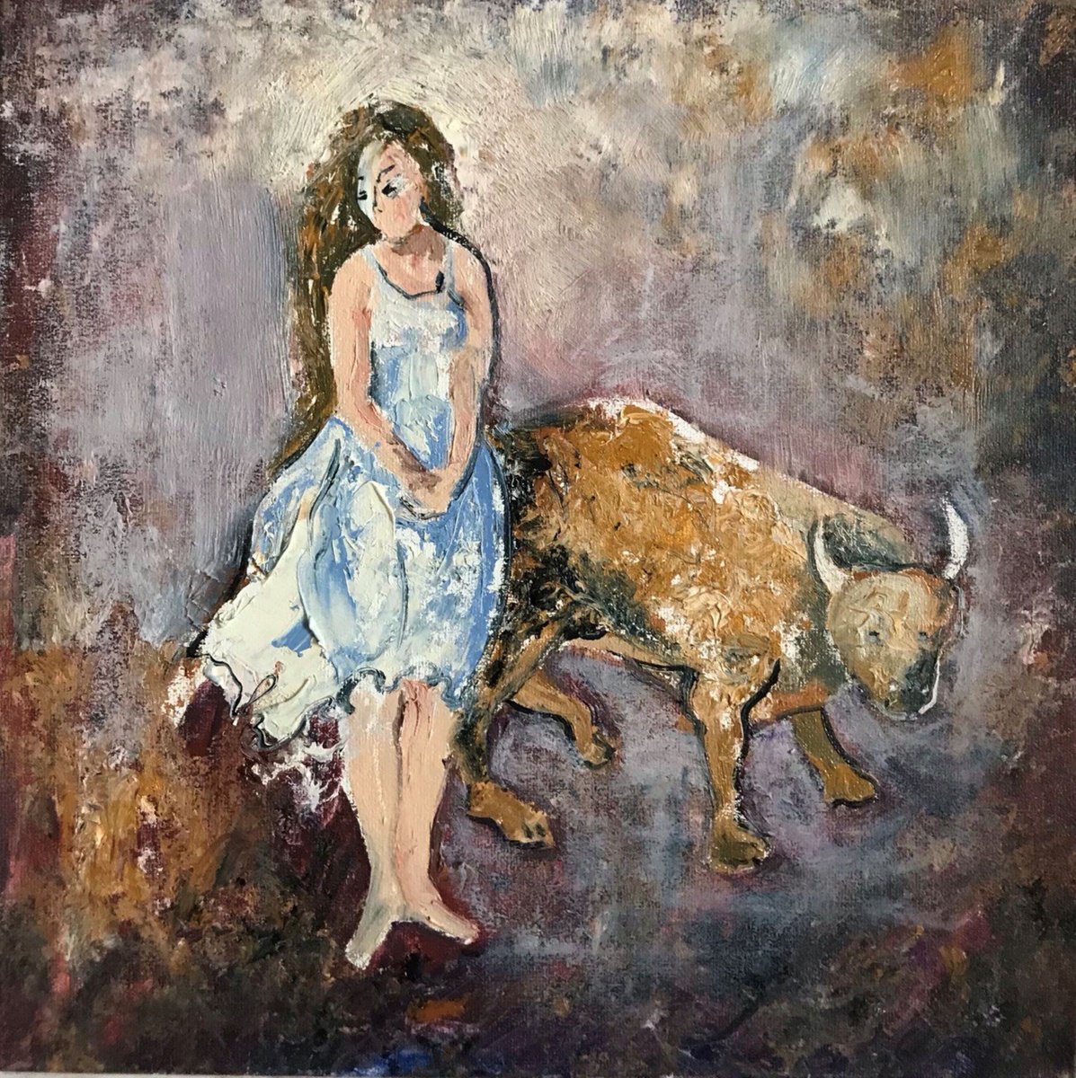 Impressionistic Animal Oil Painting By Tetiana Pchelnykova, 12 X 12", Tame The Bull, Original Artwork