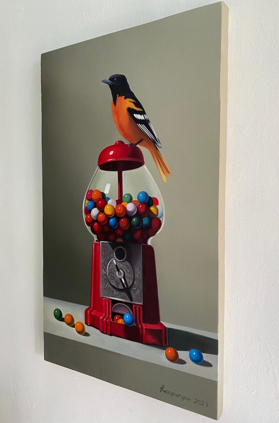 Still life with bird and colorful balls (30x50cm, oil painting, ready to hang)