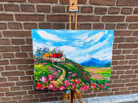 The small house in the mountains among the flowers. Impasto painting