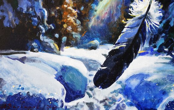 Falling Feather In Winter Forest