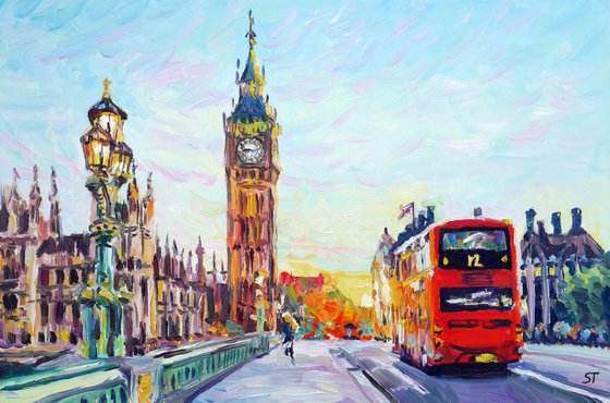 "Sunrise in London" original Big Ben oil painting, ready to hang, wall decor gift idea.