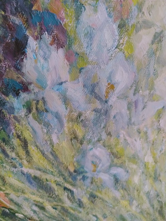 Diptych. Irises in the garden. Original oil panting.