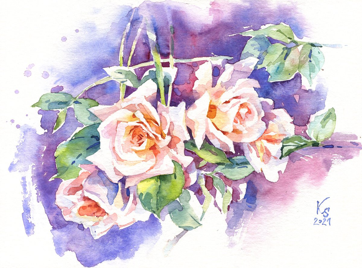 Impressionistic Botanical Watercolour By Ksenia Selianko, 12 X 9", Purple Garden Twilight, Original Artwork