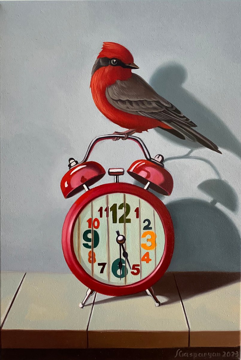 Photorealistic Still Life Oil Painting By Ara Gasparian, 9 X 14, Still Life With Bird And Clock, Original Artwork