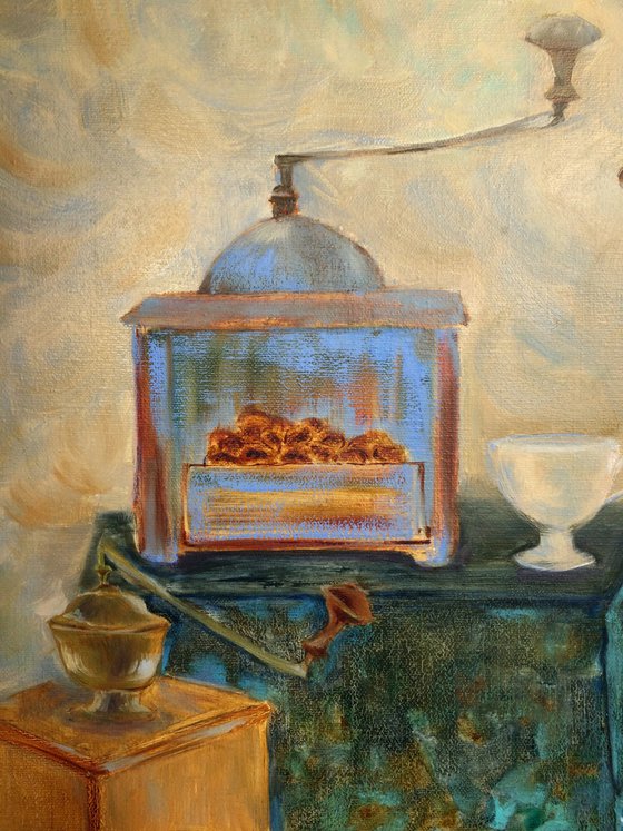 Still life oil painting - Coffee grinders and birds - Square canvas - Kitchen wall art