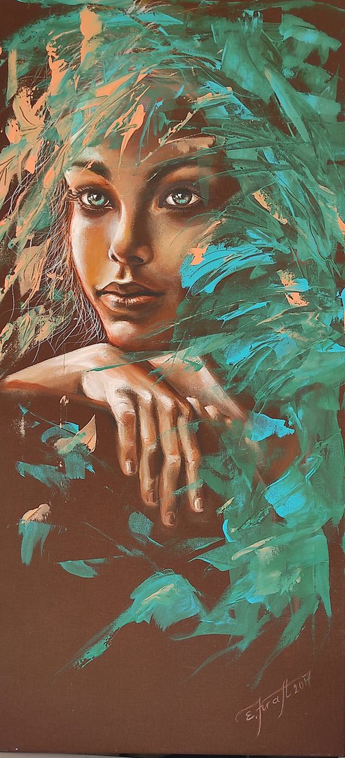"Green eyes",Original acryl painting on a hand-stretched fabric 45x95 x2cm by Elena Kraft
