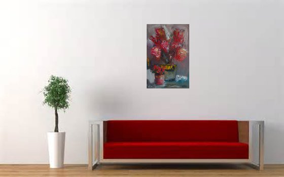 Red flowers in vase (50x33cm, oil painting, palette knife)