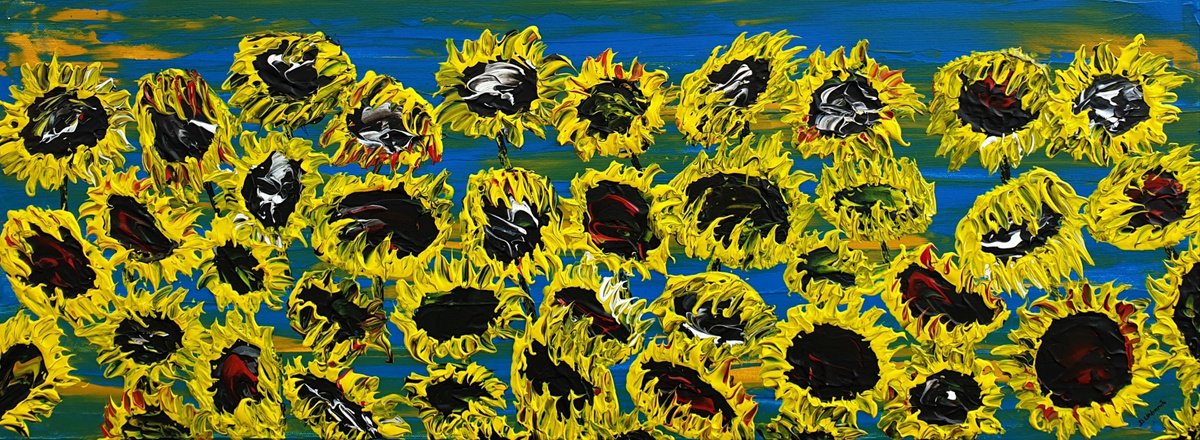 Impressionistic Botanical Acrylic Painting By Daniel Urbani?k, 31 X 12, Blooming Sunflowers 3, Original Artwork