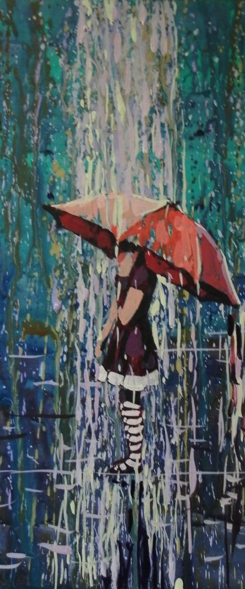 The girl under an umbrella. original painting 18x29 cm by Sergey  Kachin