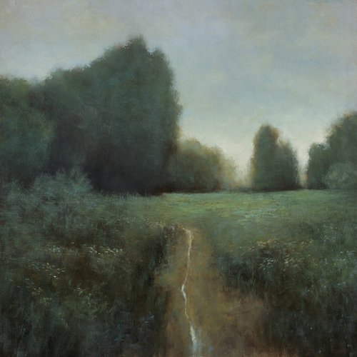 Distant Meadow 220201, tonal landscape trees and water sunset by Don Bishop