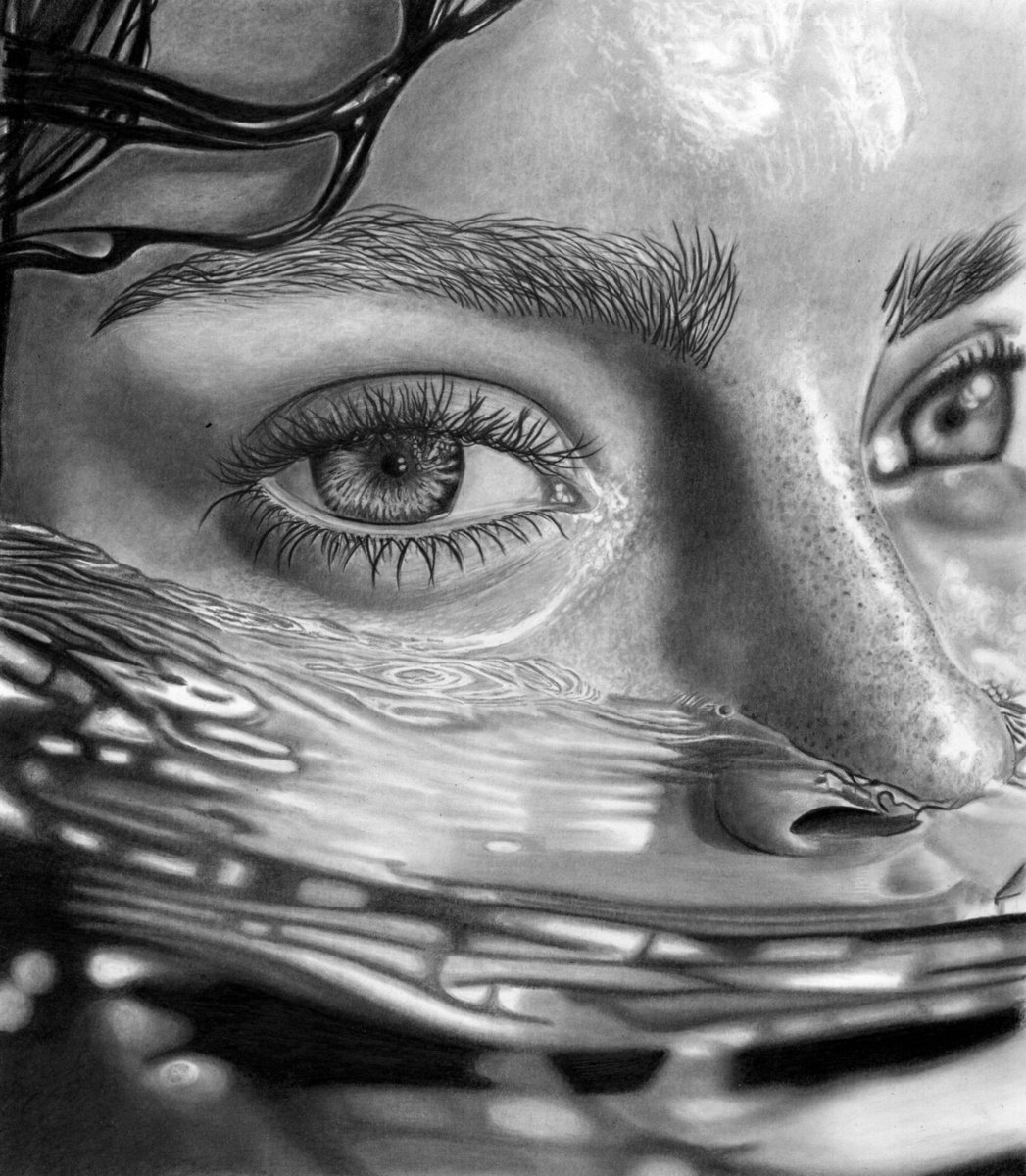 Photorealistic Portrait Pencil Drawing By Paul Stowe, 11 X 12", Submerged 2025, Original Artwork