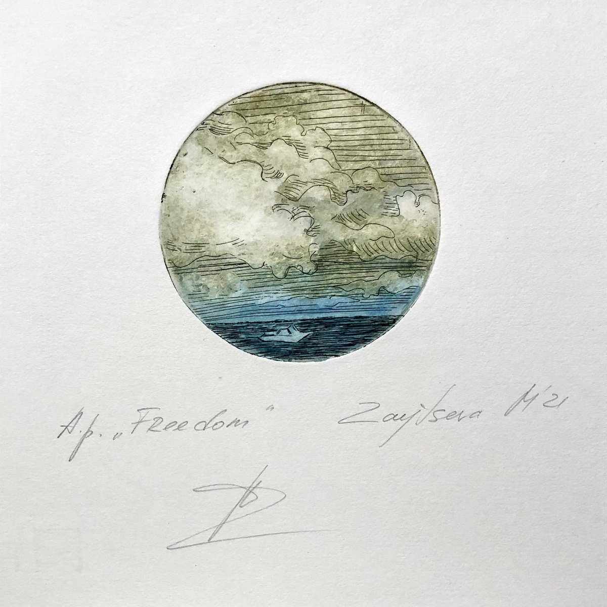 FREEDOM-IV/ etching / watercolour. D? 10?m by Maria Zaytseva