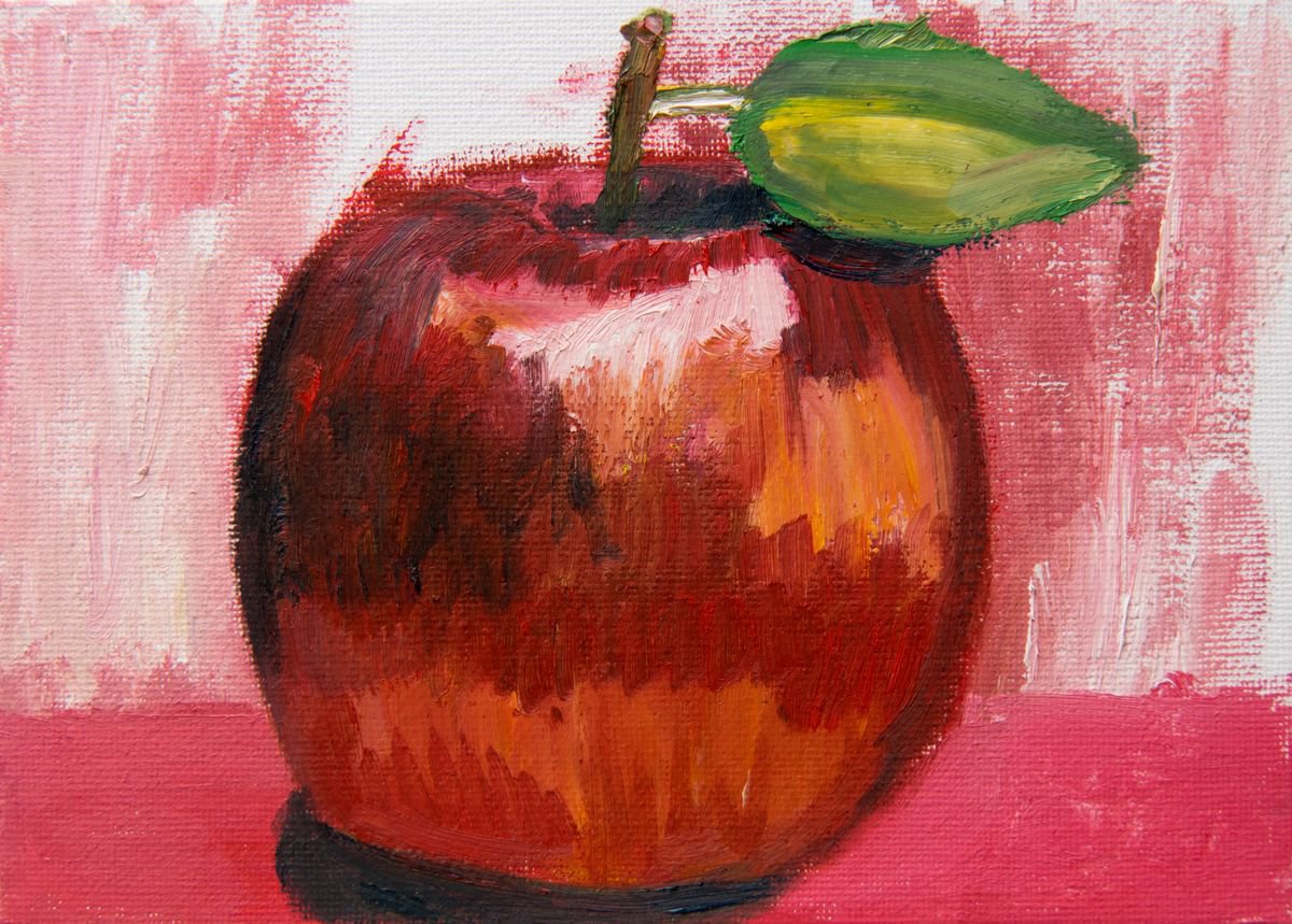 Apple and Leaf oil on canvas board by Ryan Louder