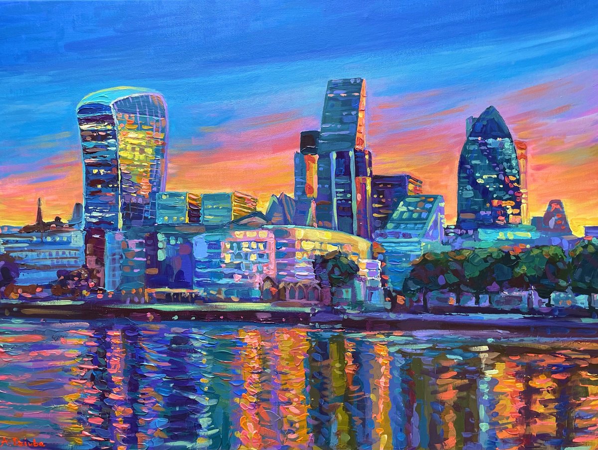 Impressionistic Cityscapes Acrylic Painting By Adriana Dziuba, 32 X 24, London City Skyline At Sunset, Original Artwork