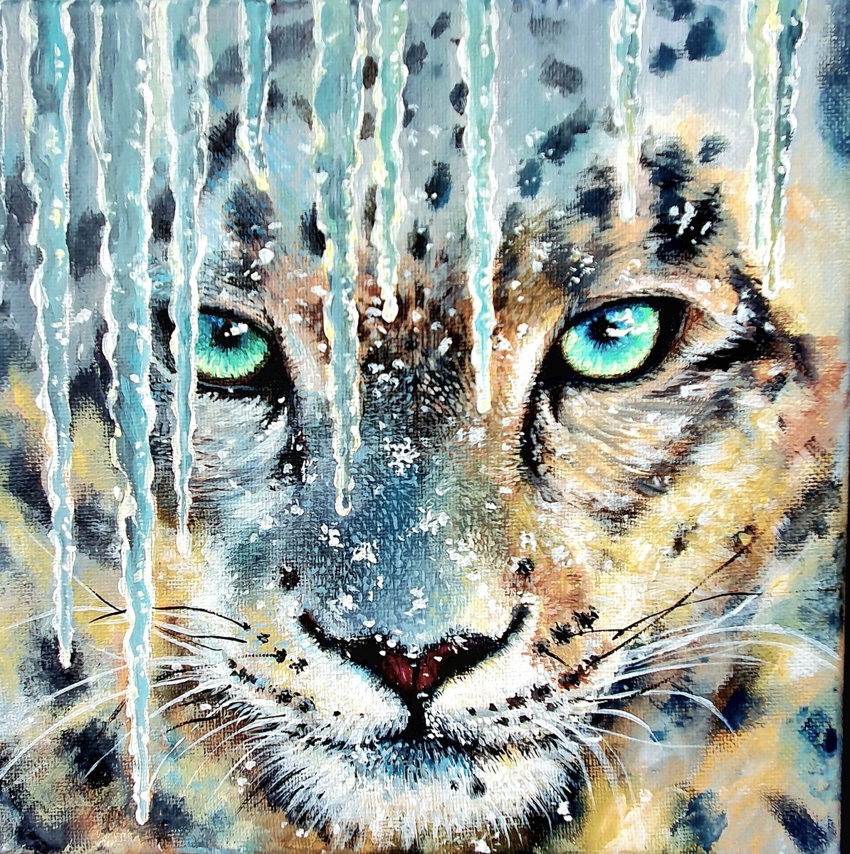 Photorealistic Animal Acrylic Painting By Sonata Art, 8 X 8", Jaguar The Soul Of Mountains, Original Artwork