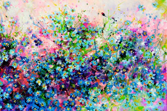 Forget me not flower field at sunrise