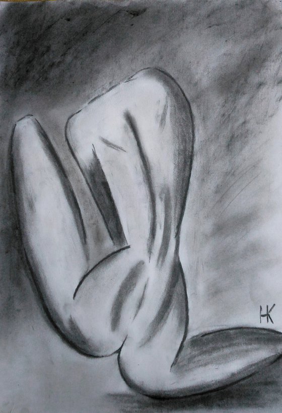 Woman sitting nude charcoal drawing black monochrome sketch