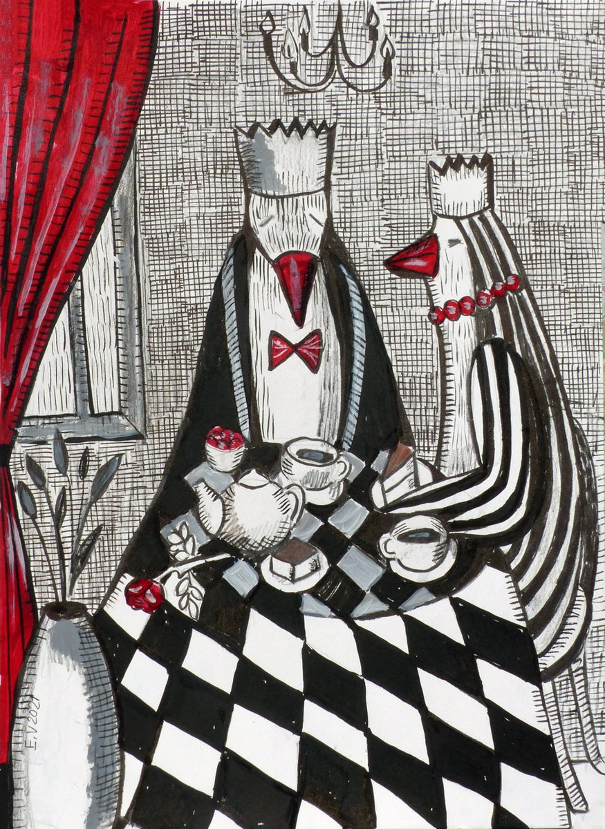 Illustrative Animal Painting By Elizabeth Vlasova, 9 X 12, Royal Dinner, Original Artwork