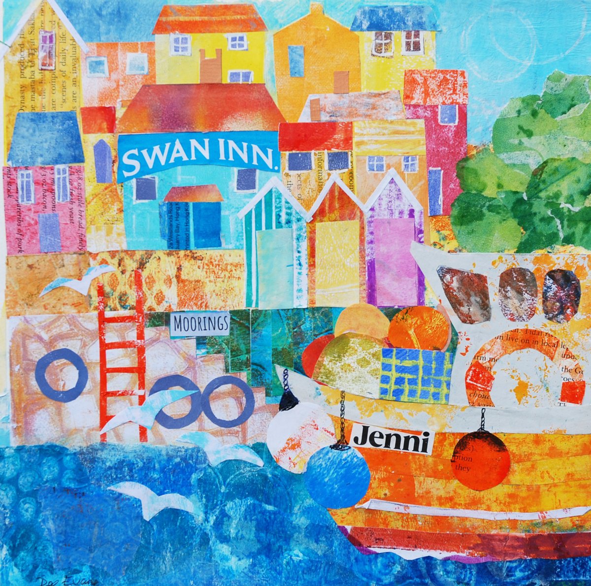 Abstract Collage By Dee Evans, 16 X 16, Swan Inn, Original Artwork