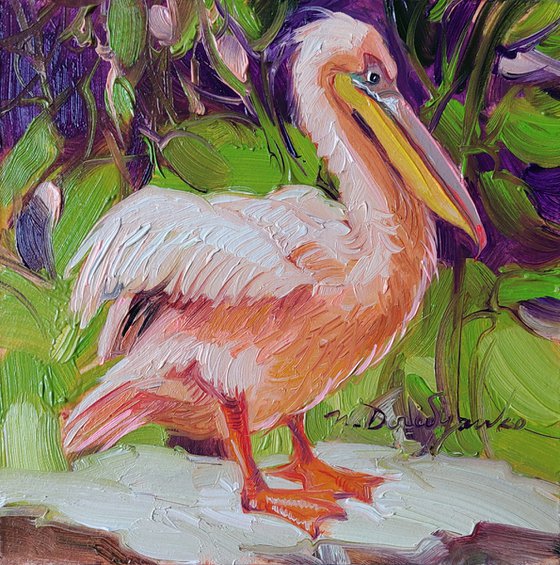 Pelican painting bird art original, Miniature painting 10x10 cm bird small frame art