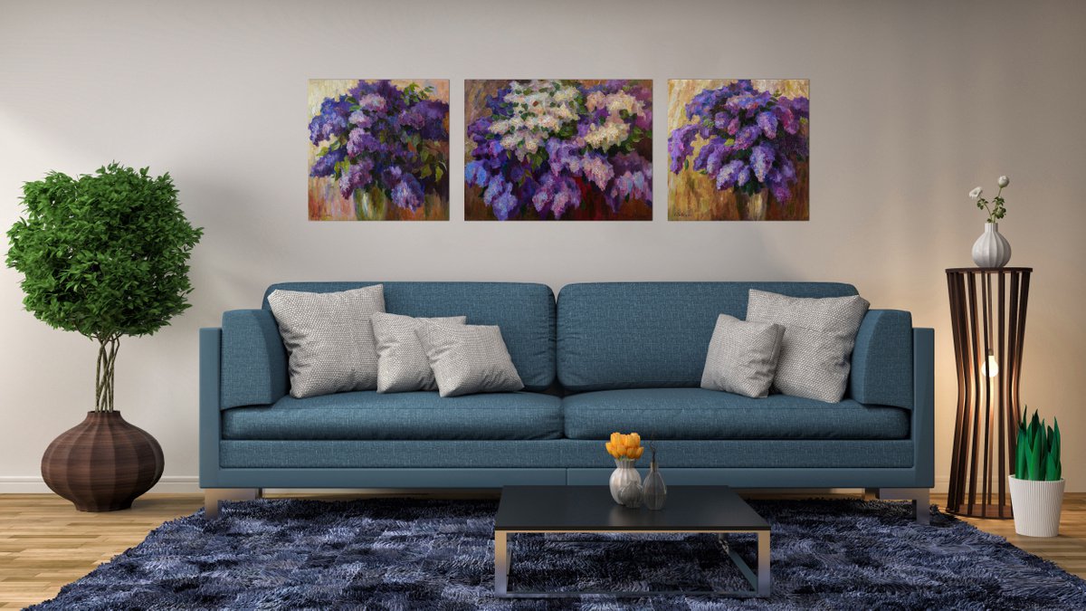 Three Lilacs Paintings - Abstract Floral Triptych by Nikolay Dmitriev