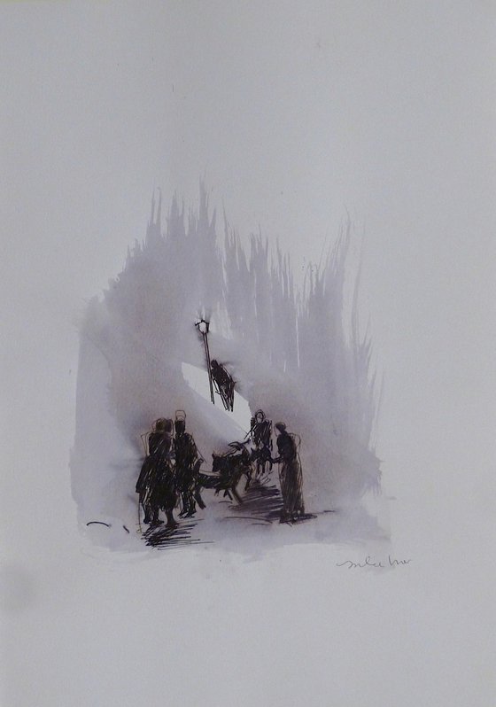 People and dogs in the street, 29x41 cm