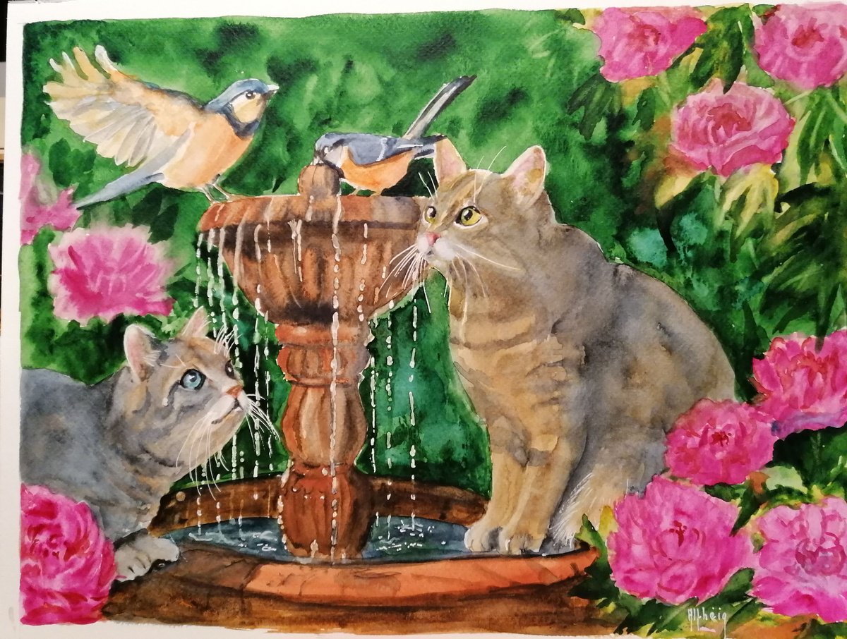 Impressionistic Animal Watercolour By Martine Vinsot, 15 X 11", Cats And Birds, Original Artwork