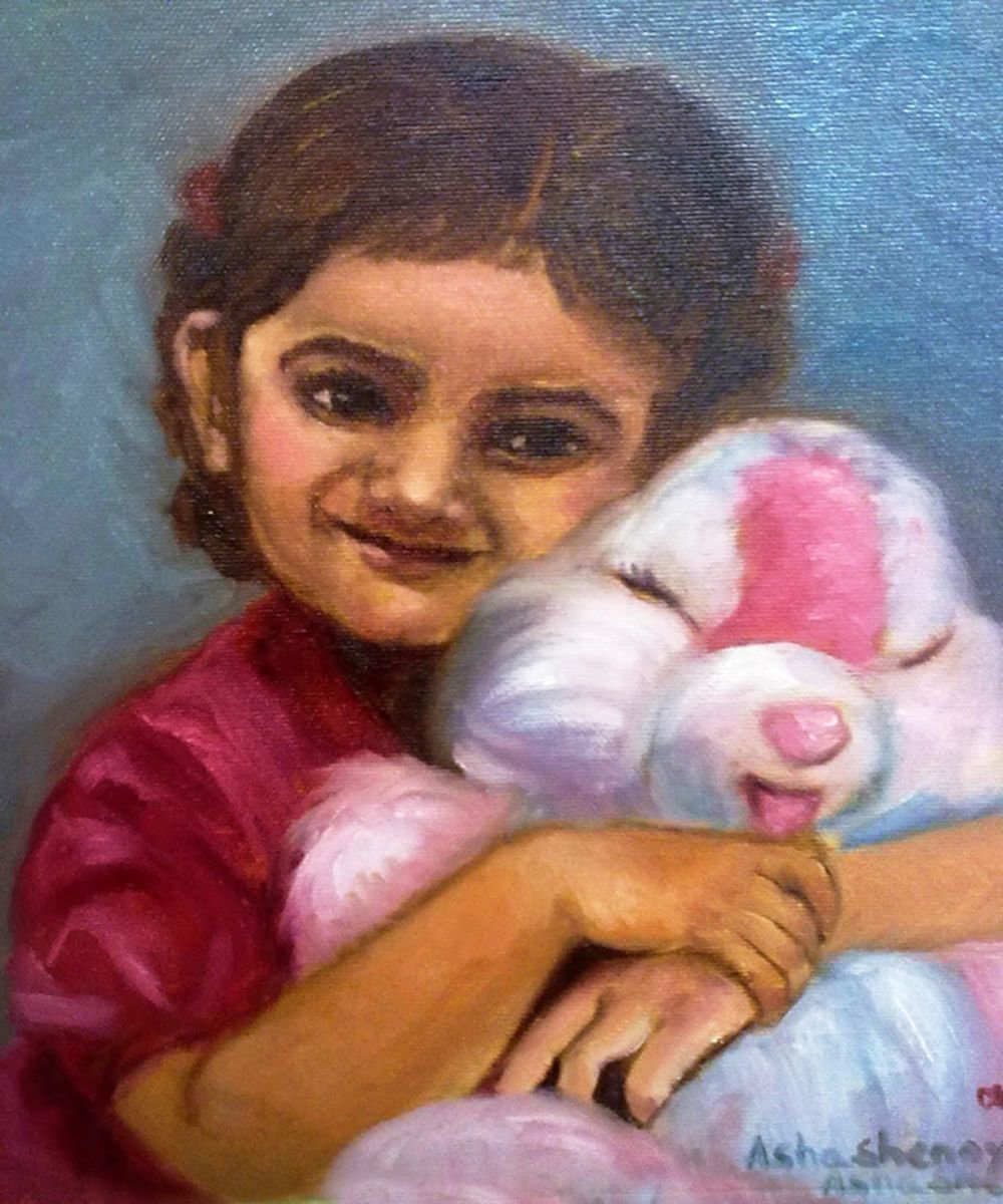 Portrait of a Little girl with a teddy 10x 12 Oil on board, framed by Asha Shenoy