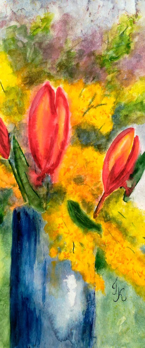 Tulips Mimosa Painting by Halyna Kirichenko